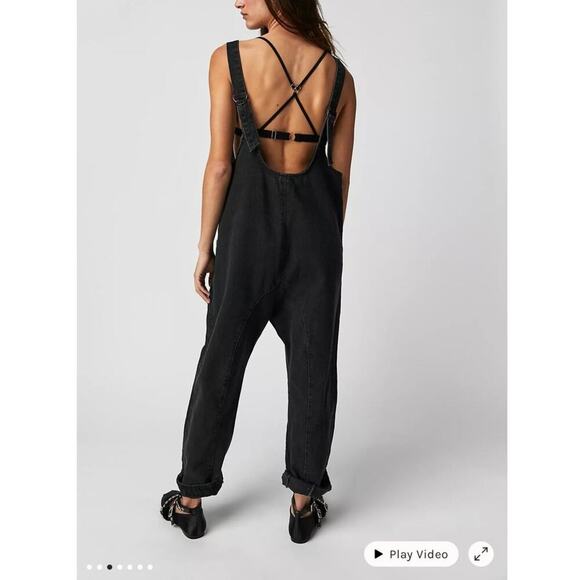 Free People High Roller Black Barrel Leg Carpenter Oversized Overalls - Picture 2 of 10